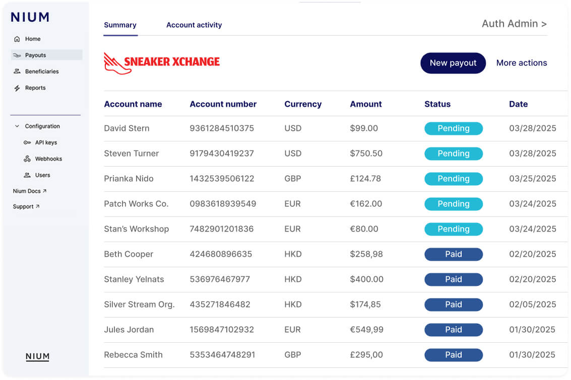 Global cross-border payment accounts dashboard